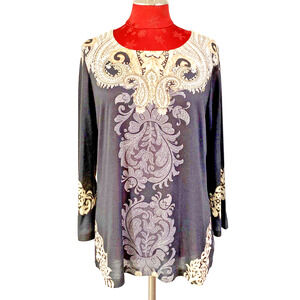 Chico’s Sz 1 (M-8) Casual Tunic Top Black Beige Rhinestone Embellished Neckline